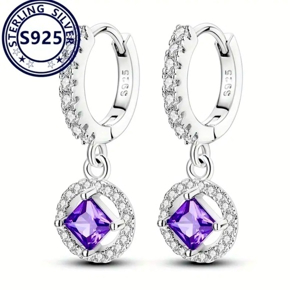 925 Sterling Silver Drop Paved Purple Zirconia Hypoallergenic Earrings - New - Picture 2 of 5